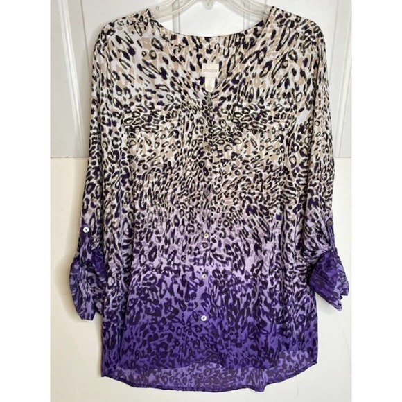 Chicos Glam Cheetah Robin Shirt Blouse Beige Purple Ombre Size 2 (US 12-14) - Picture 6 of 6